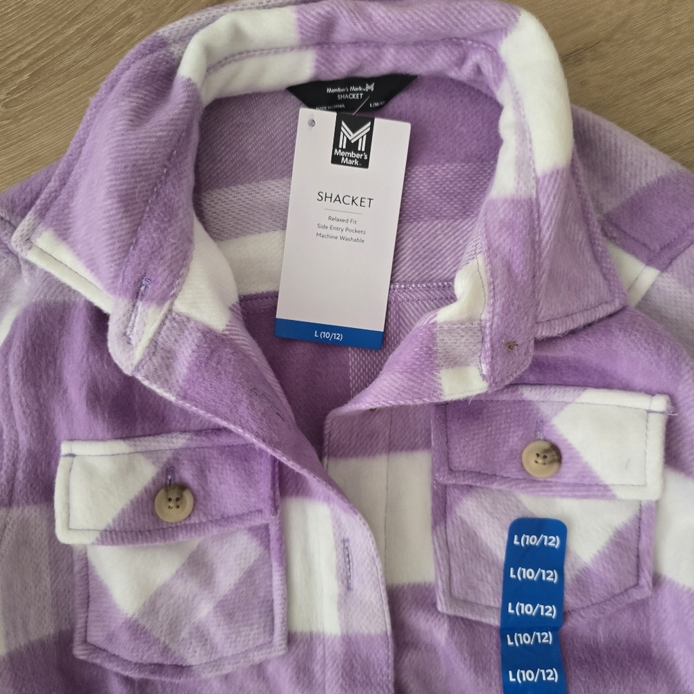 NWT Member's Mark Girl's Relaxed Fit Plaid Shacket Purple Plaid - Picture 4 of 8
